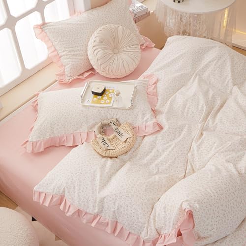 Pink Floral Comforter Set Queen Romantic Girls Ruffle Lace Bedding Set Queen Fluffy Soft Botanical Flowers Comforter with 2 Pillowcases Lightweight Bedding Cottagecore Comforter Set for All Season