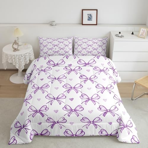 Purple Bow Girlish Comforter Set King Size,Bowknot Love Heart Cartoon Girly Bedding Set,Girls Women Room Decor,Bow Princess Style Romantic Down Comforter,Simple Chic Duvet Insert,2 Pillowcases