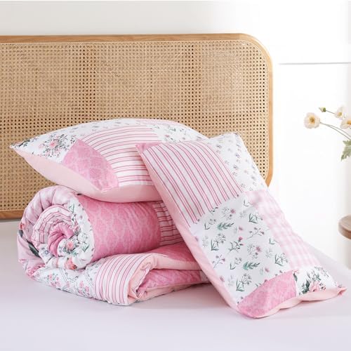YIKUSH Pink Floral Full Comforter Set, Soft Lightweight All Season Bedding Set for Women Girls, Cozy Cottagecore Botanical Comforter Full Size with 2 Pillow Shams, Breathable Floral Bed Set
