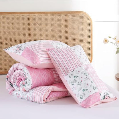 YIKUSH Pink Floral Queen Comforter Set, Soft Lightweight All Season Bedding Set for Women Girls, Cozy Cottagecore Botanical Comforter Queen Size with 2 Pillow Shams, Breathable Floral Bed Set