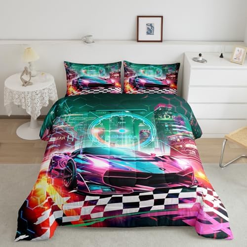 Feelyou Boys Pink Race Car Toddler Size Bedding Set Kids Racing Car Decor Comforter Extreme Sports Car Comforter Set for Teens Honeycomb Grid Car Comforter Quilt Set Car Room Decorations