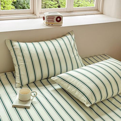 NSNLGSGC Sage Green Retro Striped Duvet Cover Set, Twin