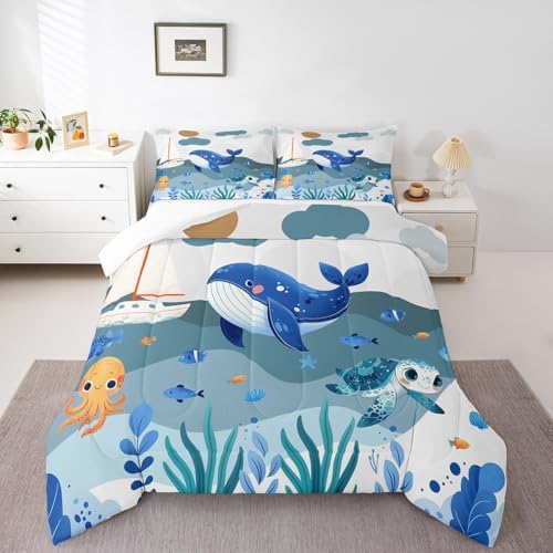 Homewish Cute Whale Comforter Set Queen Size,Cartoon Ocean Animals Bedding Set for Kids Girls Boys Teens Room Decor,Blue White Grey Stripes Quilt Set Turtle Octopus Fish Duvet Insert,2 Pillowcases