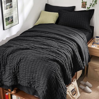 HYMOKEGE Black Twin XL Comforter Set Seersucker 5 Pieces, All Season Luxury Bed in a Bag for Bedroom, Bedding Set with Comforters, Sheets, Pillowcase & Sham