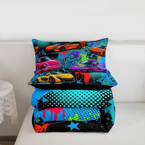 Feelyou Boys Sports Car Comforter Set All Season Speed Race Car Bedding Set with 2 Pillow Cases Racing Extreme Sports Kids Queen Bedclothes Automobile Bedroom Decor Duvet Quilt Breathable Soft