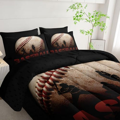 7pcs Baseball Comforter Set 3D Sports Themed Printed Bedding Set with 1 Comforter, 1 Flat Sheet, 1 Fitted Sheet and 4 Pillowcases for Boys and Girls Bedroom (Baseball Full