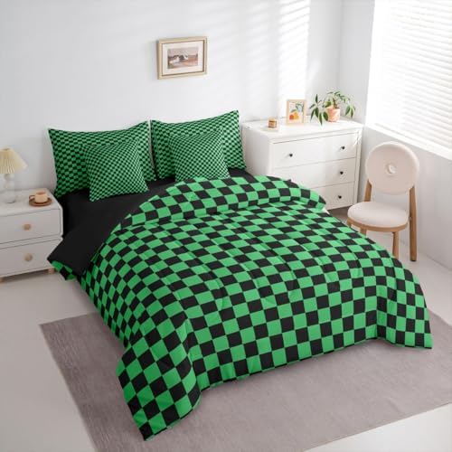 jejeloiu Green Black Plaid Comforter Set with Sheets 7 Piece Twin Size