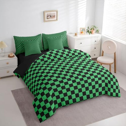 jejeloiu Green Black Plaid Comforter Set with Sheets 7 Piece Twin Size