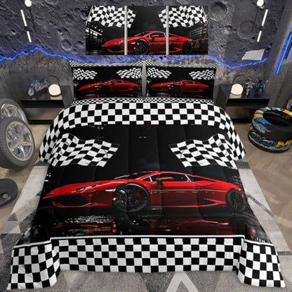 Feelyou Race Car Comforter Set Toddler Size Cool Car Bedding Set Ultra Soft Racing Car Comforter for Kids Boys Girls Extreme Sports Duvet Quilt Bedroom Decor Automobile Quilt