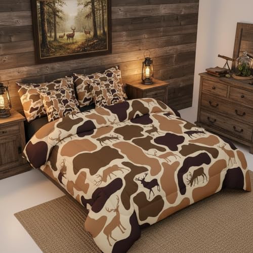 Erosebridal Deer Camo Bedding Set 7 Piece Camouflage Hunting Deer Comforter Set Queen Brown Military Army Camo Bed in A Bag for Kids Adults Country Hunter Wildlife Quilt with Flat Fitted Sheet