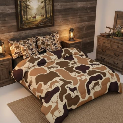 Erosebridal Deer Camo Bedding Set 7 Piece Camouflage Hunting Deer Comforter Set Queen Brown Military Army Camo Bed in A Bag for Kids Adults Country Hunter Wildlife Quilt with Flat Fitted Sheet