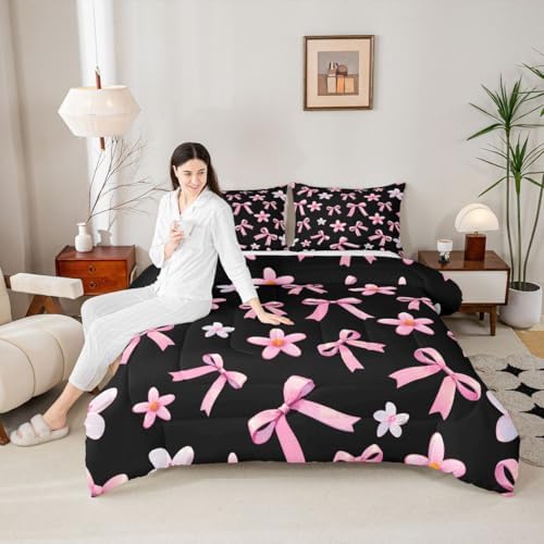 jejeloiu Watercolor Bow Kids Comforter Set Full Size Kawaii Bowknot Bedding Set Dreamy Princess Style Duvet Quilt for Kids Boys Girls Bedroom Cute Bow Decor Microfiber Ultra Soft Breathable