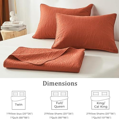 akkialla King Quilt Bedding Set,Burnt Orange Ultrasonic King/Cal King Quilt Set,Lightweight Soft Bedspread Coverlet,Modern Style Coin Pattern Bed Cover for All Seasons,3 Piece(1 Quilt,2 Pillow Shams)