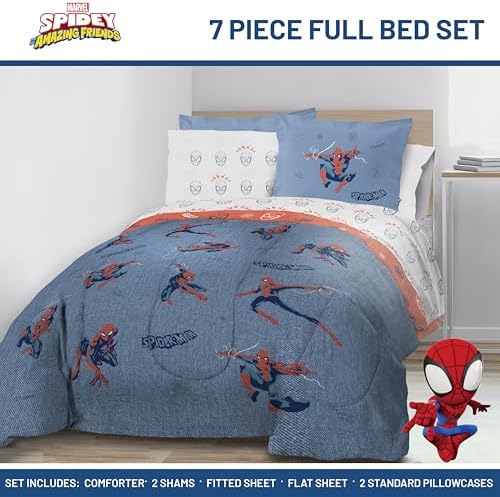 Marvel Spiderman Full Comforter Set 7 Piece Bedding for Boys, Blue