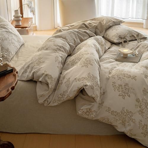 VM VOUGEMARKET Garden Floral Duvet Cover Queen,3 Pcs Yarn-Dyed Jacquard Textured Duvet Cover with Bowknot Retro Monet Style Fall Bedding Set-90"x90",Khaki