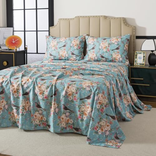 FADFAY 100% Cotton Queen Sheets Set, Vintage Floral Bird Print, Mint Green