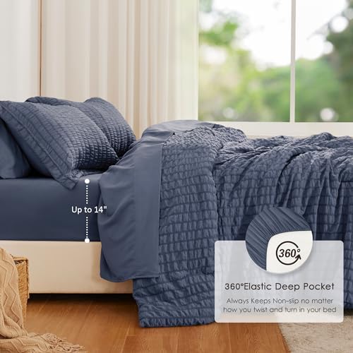 Love's cabin Seersucker Navy Blue California King Comforter Set