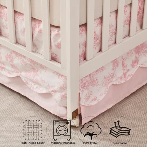 Brandream Scallop Edge Organic Cotton Crib Skirt Girls Toddler Bedskirt Baby Nursery Crib Bed Skirt Double Layer Bohemian French Country Toile with Solid Pink Pleated Dust Ruffle Farmhouse Chic Skirt