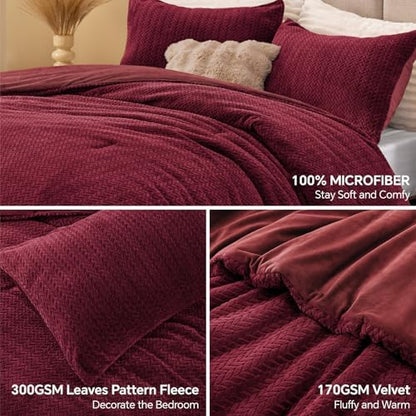 ChiXpace Fleece Queen Comforter Set Burgundy, Fluffy Bed Set 3 Pieces