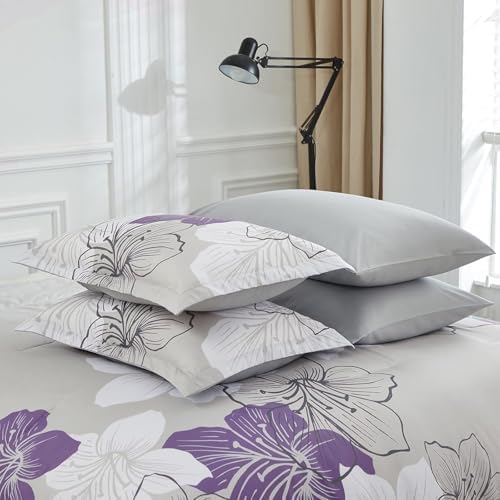 Luxudecor Floral Comforter Set Full Size Purple Floral Pattern Bedding Comforter Soft Microfiber 7 Pieces Bed in a Bag (1 Comforter, 2 Pillow Shams, 1 Flat Sheet, 1 Fitted Sheet, 2 Pillowcases)