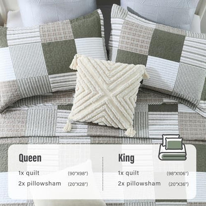 Y-PLWOMEN 100% Cotton King Size Quilt Farmhouse Plaid 3-Pieces Bedding