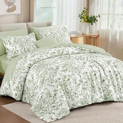 WONGS BEDDING 6 Pieces Twin Size Comforter Set Green Floral Bed Set