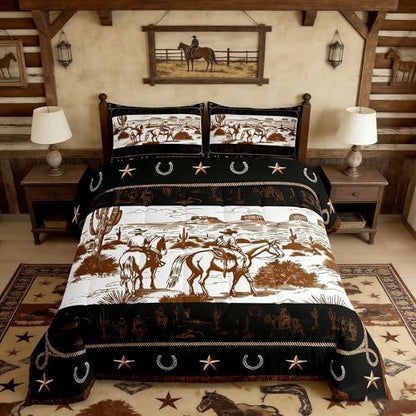Manfei Western Cowboy Comforter Set Queen Size, Cowboy Horse Western Bedding Set 3pcs, Wild West Cactus Farmhouse Brown Down Comforter for All Season, Kids Boys Teens Room Decor, 2 Pillowcases