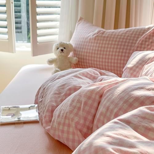 mixinni Light Pink Gingham Comforter Set Queen - 3 Piece Plaid Bedding Set, All-Season Soft Washed Cotton, Farmhouse Grid Pattern, Includes 1 Comforter & 2 Pillow Shams for Women Men