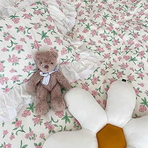 VM VOUGEMARKET Girls Ruffle Bedding Set Twin XL 3 Pieces Pink Flower Duvet Cover Set with Lace Edge-100% Cotton Elegant Princess Style Comforter Cover-68x90 Inch