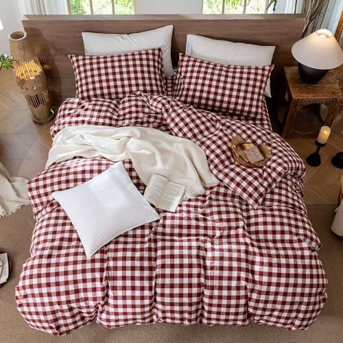 MooMee Gingham Duvet Cover Set 100% Washed Cotton Linen Like