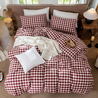 MooMee Gingham Duvet Cover Set 100% Washed Cotton Linen Like