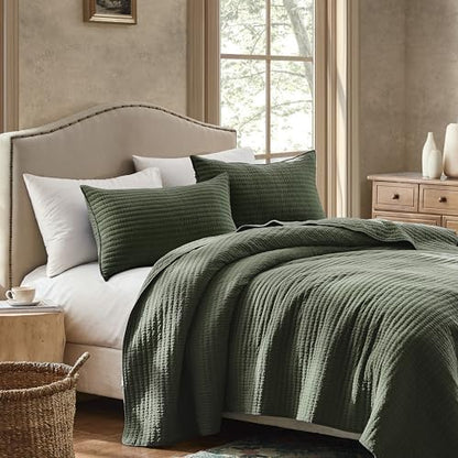 WDCOZY 100% Cotton Queen Size Quilt Set, Channel Pick Stitch, Olive Green