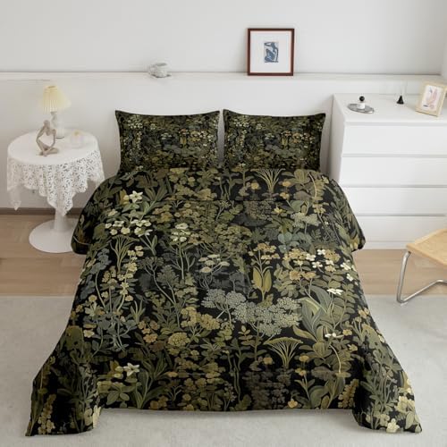 Retro Botanical Comforter Set Twin Size,Dark Green Leaves Bedding Sets 2Pcs for Kids Teens Adult Room Decor,Tropical Fern Plants Quilted Duvet Rustic Farmhouse Style Down Comforter,1 Pillowcase