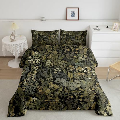 Retro Botanical Comforter Set Twin Size,Dark Green Leaves Bedding Sets 2Pcs for Kids Teens Adult Room Decor,Tropical Fern Plants Quilted Duvet Rustic Farmhouse Style Down Comforter,1 Pillowcase