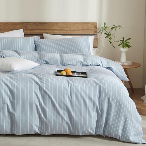Light Blue Striped Duvet Cover Set Queen Size 3 Piece 100% Washed Cotton Linen Like Textured Bedding Set Comfy Breathable