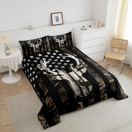 Camo American Flag King Size Comforter Sets for Kids,Deer Antlers Grey Camouflage Bedding Flags for Room Teens,Wild Animal Hunting Farm Branches Leaves Stars Stripes USA Flag Down Comforter