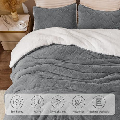 BEDELITE Fluffy Sherpa King Comforter Set,Grey