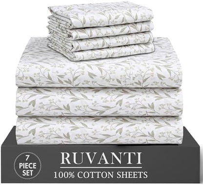 RUVANTI 100% Cotton Split King Sheets, Percale Sheets Set, Botanica Living