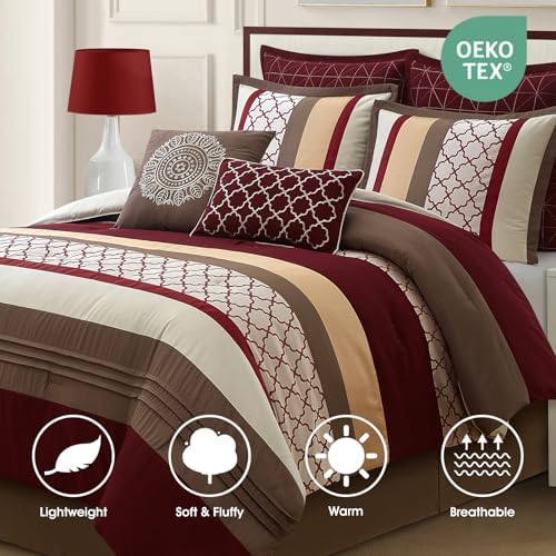 LANCO MODERN LIFESTYLE California King Comforter Set, Berry Taupe Bedding Set, Jacquard Woven with Embroidery, 8 Pieces Bed in a Bag, Bed Skirt, Shams and Decorative Pillows