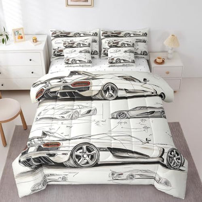 Feelyou Race Car Comforter Set with Sheets King Size Kids Speed Sports Car Manuscript 7 Pieces Bedding Set for Boys Girls Teens Racing Car Line Bed in a Bag Breathable Extreme Sports Bed Set