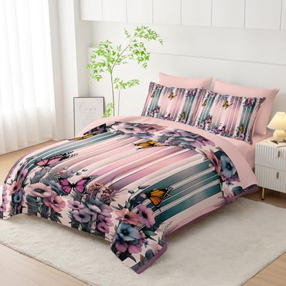 7 Piece Pink Butterfly Comforter Set Queen for Women，Butterfly Bedding Sets Queen 7 Piece，Butterfly Quilt Pattern，(1 Comforter, 1 Flat Sheet, 1 Fitted Sheet, 2 Pillowcase and 2 Pillow Sham)