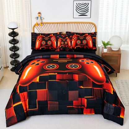PERFEMET 6 Piece Orange Gaming Bedding Twin Game Console Boys Comforter Set