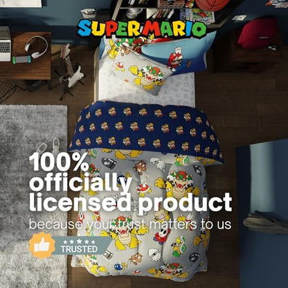 Nintendo Super Mario Bowser Bedding Set, Twin Size 5 Piece Set Kids Super Soft Cozy Reversible Comforter and Sheet Set with Sham, (100% Officially Licensed Product) by Franco