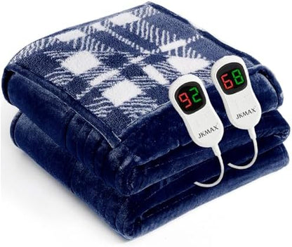 JKMAX Heated Electric Blanket King Size - 100"x90" Flannel Heating Blanket with 10 Heating Levels & 5 Time Settings Over-Heat Protection, Winter Warmer for Adults with ETL Certification（Navy Blue）