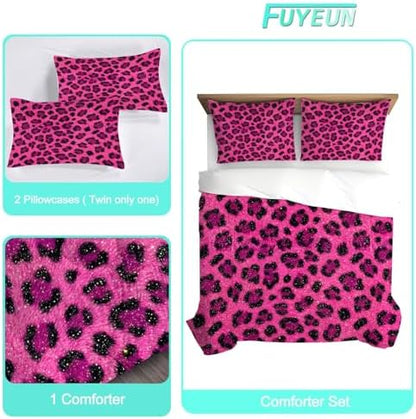 Hot Pink Cheetah Print Bedding Set Full/Queen Leopard Print Comforter for Women Girls Bedroom Animals Quilt Bed Set 1 Comforter 2 Pillowcases
