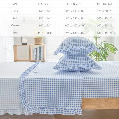 Gingham King Sheet Set, Lightweight Super Soft Brushed Microfiber Plaid Bed Sheets with 16" Deep Pocket, 4 Piece Ruffle Farmhouse Bedroom Decor, Blue
