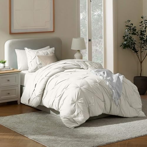 Nestl 7 Piece Twin Comforter Set – Off White Pinch Pleated Bed in a Bag – Complete Twin Size Bedding Set with Sheets, Set of 2 Cooling Pillows, Pillowcase and Sham