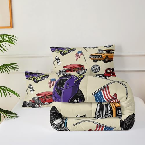 Race Car Comforter Set King for Boys，Race Car King Size Vintage Bedding Set Boys，American Flag Comforter Set King Size，Cars Themed Bedroom Decor