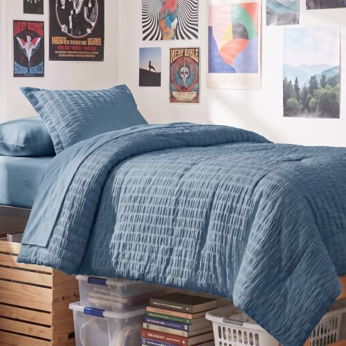 CozyLux Twin XL Comforter Set 5 Pieces Grayish Blue Seersucker Bed in a Bag