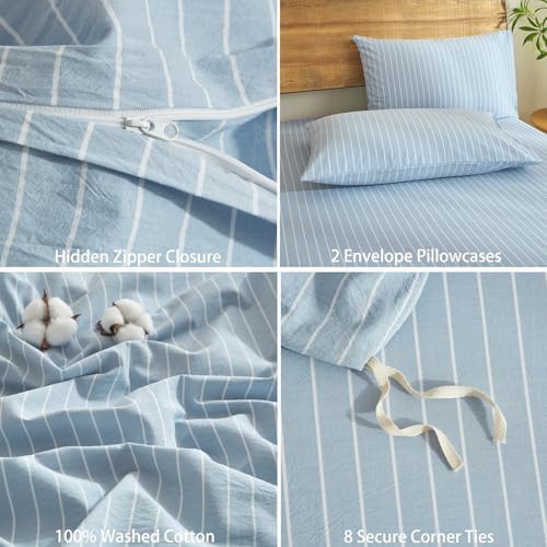 Blue Striped Duvet Cover Set Full Size 100% Washed Cotton Linen Feel 3 Piece Bedding Set Comfy Breathable